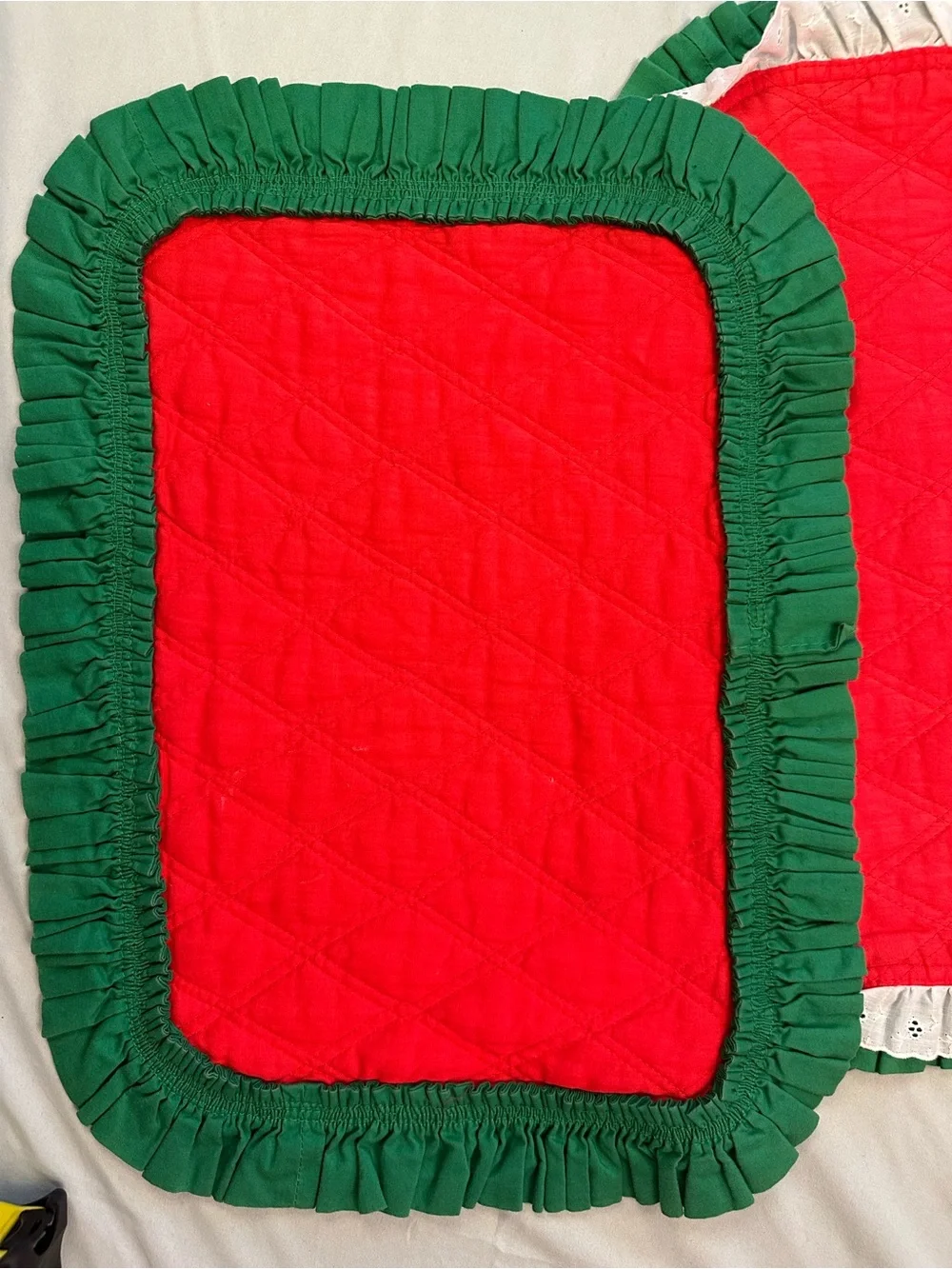 3 Handcrafted Vintage Quilted Red Placemat with White Eyelet Lace and Green Trim